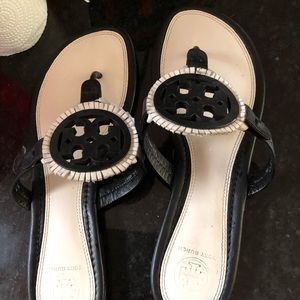 Tory Burch Miller fringe sandals in black/white